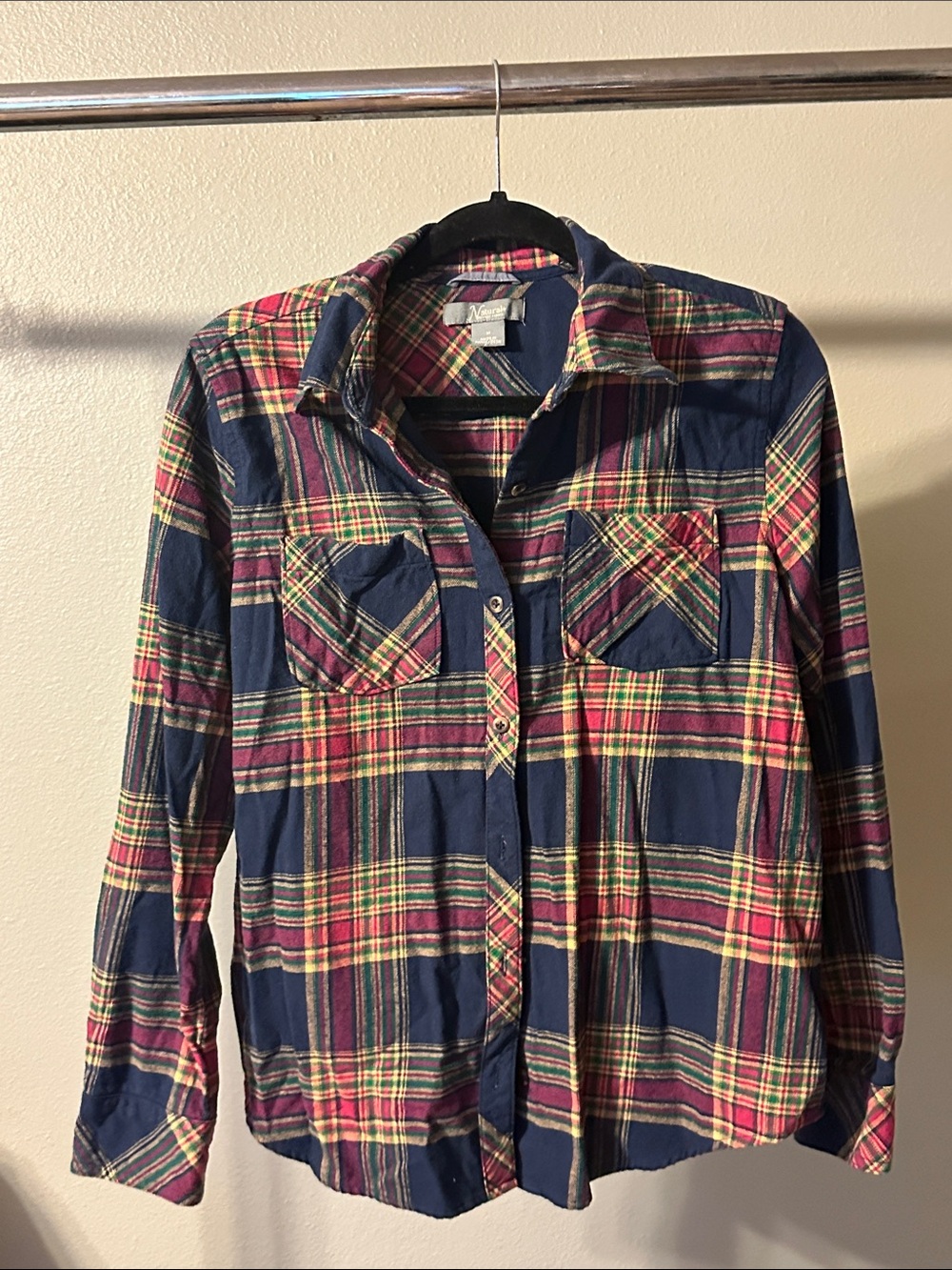 Natural Reflections Plaid Button-Up — Navy, Red, Green & Cream